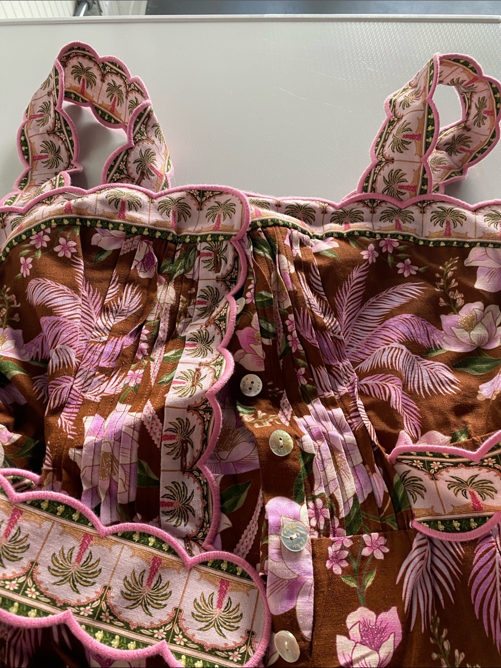 Farm Rio Pink Floral Palm-Print Romper - Brown & Pink. Size medium. NWT. - Picture 3 of 5